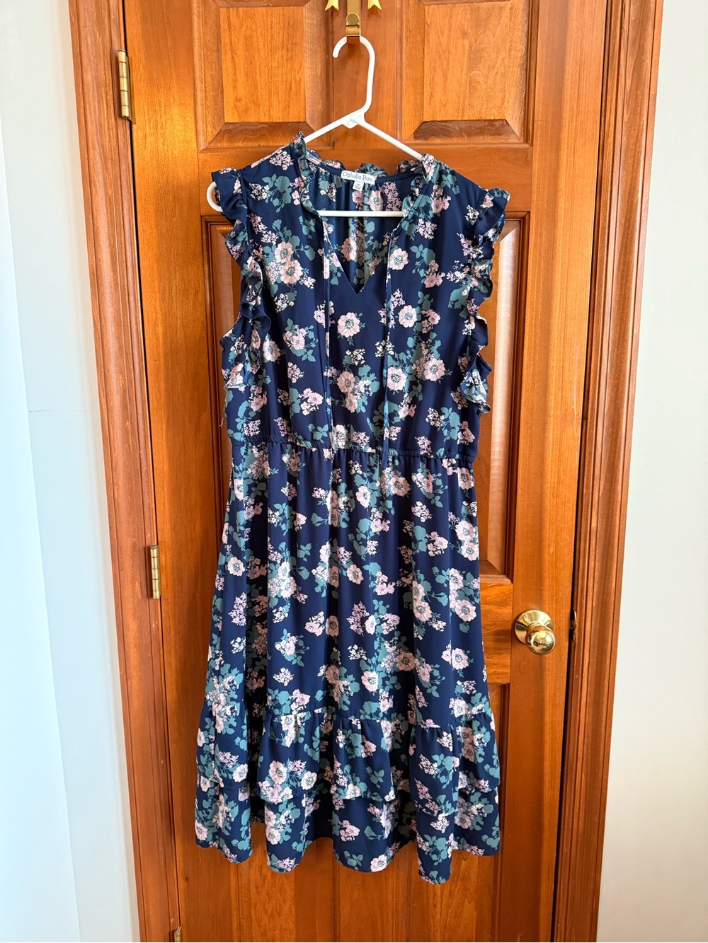 Navy Floral Midi Dress with Pink and Cream Blooms